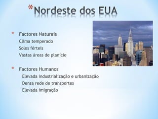 * Factores Naturais
Clima temperado
Solos férteis
Vastas áreas de planície
* Factores Humanos
Elevada industrialização e urbanização
Densa rede de transportes
Elevada imigração
 