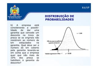 11/17



                             DISTRIBUIÇÃO DE
                             PROBABILIDADES
b)    A    empresa    está
considerando a possibi-
lidade    de     dar  uma
garantia que concede um
desconto na troca de
pneus se os originais não
resistirem ao número de
km       estipulados    na
garantia. Qual deve ser o
número de km coberto
pela garantia levando-se
em conta que a empresa
quer que não mais de
10%      dos    pneus   se
habilitem à garantia do
desconto?
 