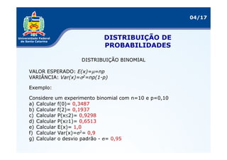 04/17



                           DISTRIBUIÇÃO DE
                           PROBABILIDADES

                   DISTRIBUIÇÃO BINOMIAL

VALOR ESPERADO: E(x)=µ=np
VARIÂNCIA: Var(x)=σ2=np(1-p)

Exemplo:

Considere um experimento binomial com n=10 e p=0,10
a) Calcular f(0)= 0,3487
b) Calcular f(2)= 0,1937
c) Calcular P(x≤2)= 0,9298
d) Calcular P(x≥1)= 0,6513
e) Calcular E(x)= 1,0
f) Calcular Var(x)=σ2= 0,9
g) Calcular o desvio padrão - σ= 0,95
 