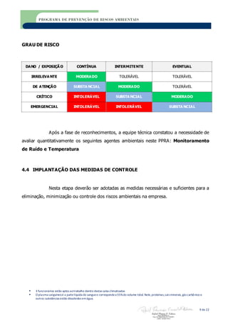  3 funcionários estão aptos aotrabalho dentro destas salas climatizadas
 O plasma sanguíneoé a partelíquida do sanguee correspondea 55%do volume total. Nele,proteínas,sais minerais,gás carbônico e
outras substâncias estão dissolvidos emágua.
9 de 22
PROGRAMA DE PREVENÇÃO DE RISCOS AMBIENTAIS
GRAU DE RISCO
DANO / EXPOSIÇÃ O CONTÍNUA INTERMITENTE EVENTUAL
IRRELEVA NTE MODERADO TOLERÁVEL TOLERÁVEL
DE ATENÇÃO SUBSTA NCIAL MODERADO TOLERÁVEL
CRÍTICO INTOLERÁVEL SUBSTA NCIAL MODERADO
EMERGENCIAL INTOLERÁVEL INTOLERÁVEL SUBSTA NCIAL
Após a fase de reconhecimentos, a equipe técnica constatou a necessidade de
avaliar quantitativamente os seguintes agentes ambientais neste PPRA: Monitoramento
de Ruído e Temperatura
4.4 IMPLANTAÇÃO DAS MEDIDAS DE CONTROLE
Nesta etapa deverão ser adotadas as medidas necessárias e suficientes para a
eliminação, minimização ou controle dos riscos ambientais na empresa.
 