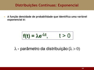 A função densidade de probabilidade que identifica uma variável exponencial é: Distribuições Contínuas: Exponencial 