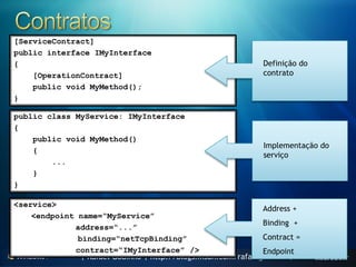 [ServiceContract]
public interface IMyInterface
{                                                              Definição do
    [OperationContract]                                        contrato
    public void MyMethod();
}

public class MyService: IMyInterface
{
    public void MyMethod()
                                                               Implementação do
    {
                                                               serviço
        ...
    }
}

<service>
                                                               Address +
    <endpoint name=“MyService”
                                                               Binding +
             address=“...”
              binding=“netTcpBinding”                          Contract =
             contract=“IMyInterface” />                        Endpoint
               | Rafael Godinho | http://blogs.msdn.com/rafaelgodinho |
 
