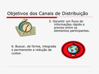 Objetivos dos Canais de Distribuição 5. Garantir um fluxo de informações rápido e preciso entre os elementos participantes. 6.   Buscar, de forma, integrada e permanente a redução de custos  . 