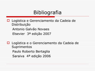 Bibliografia Logística e Gerenciamento da Cadeia de Distribuição Antonio Galvão Novaes Elsevier  3ª edição 2007 Logística e o Gerenciamento da Cadeia de Suprimentos Paulo Roberto Bertaglia Saraiva  4ª edição 2006 