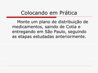 Colocando em Prática Monte um plano de distribuição de medicamentos, saindo de Cotia e entregando em São Paulo, seguindo as etapas estudadas anteriormente. 