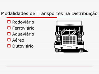 Modalidades de Transportes na Distribuição Rodoviário Ferroviário Aquaviário Aéreo Dutoviário 