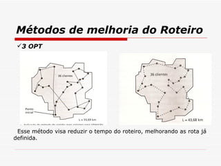 Métodos de melhoria do Roteiro 3 OPT Esse método visa reduzir o tempo do roteiro, melhorando as rota já definida. 