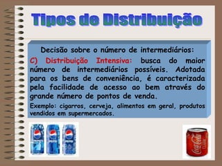 Decisão sobre o número de intermediários:
C) Distribuição Intensiva: busca do maior
número de intermediários possíveis. Adotada
para os bens de conveniência, é caracterizada
pela facilidade de acesso ao bem através do
grande número de pontos de venda.
Exemplo: cigarros, cerveja, alimentos em geral, produtos
vendidos em supermercados.
 