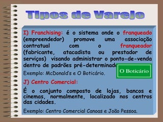 I) Franchising: é o sistema onde o franqueado
(empreendedor) promove uma associação
contratual com o franqueador
(fabricante, atacadista ou prestador de
serviços) visando administrar o ponto-de-venda
dentro de padrões pré-determinados.
Exemplo: McDonald’s e O Boticário.
J) Centro Comercial:
É o conjunto composto de lojas, bancos e
cinemas, normalmente, localizado nos centros
das cidades.
Exemplo: Centro Comercial Canoas e João Pessoa.
 