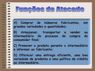 A) Comprar de inúmeros fabricantes, em
grandes variedades e quantidades;
B) Armazenar, transportar e vender ao
intermediário do processo de compra do
consumidor final;
C) Promover o produto perante o intermediário
e informar ao fabricante;
D) Oferecer uma entrega eficiente, uma boa
variedade de produtos e uma política de crédito
ao intermediário.
 