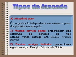 A) Atacadista puro:
É a organização independente que assume a posse
dos produtos que manipula.
1) Prestam serviços plenos: proporcionam uma
estrutura de serviços do tipo
estoque, venda, entrega, etc. Exemplo: Atacado
Martins.
2) Prestam serviços limitados: proporcionam
alguns serviços. Exemplo: feirantes da CEASA.
 