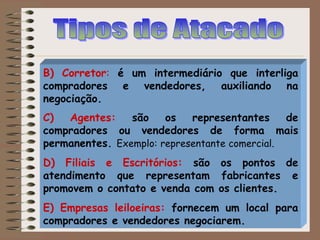 B) Corretor: é um intermediário que interliga
compradores e vendedores, auxiliando na
negociação.
C) Agentes: são os representantes de
compradores ou vendedores de forma mais
permanentes. Exemplo: representante comercial.
D) Filiais e Escritórios: são os pontos de
atendimento que representam fabricantes e
promovem o contato e venda com os clientes.
E) Empresas leiloeiras: fornecem um local para
compradores e vendedores negociarem.
 