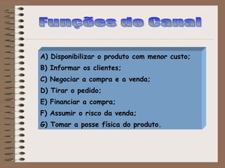 A) Disponibilizar o produto com menor custo;
B) Informar os clientes;
C) Negociar a compra e a venda;
D) Tirar o pedido;
E) Financiar a compra;
F) Assumir o risco da venda;
G) Tomar a posse física do produto.
 