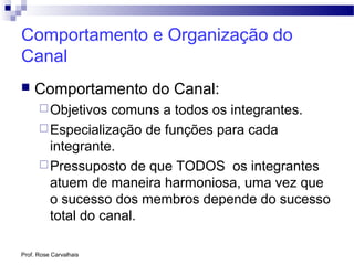 Prof. Rose Carvalhais
Comportamento e Organização do
Canal
 Comportamento do Canal:
Objetivos comuns a todos os integrantes.
Especialização de funções para cada
integrante.
Pressuposto de que TODOS os integrantes
atuem de maneira harmoniosa, uma vez que
o sucesso dos membros depende do sucesso
total do canal.
 