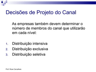 Prof. Rose Carvalhais
Decisões de Projeto do Canal
As empresas também devem determinar o
número de membros do canal que utilizarão
em cada nível:
1. Distribuição intensiva
2. Distribuição exclusiva
3. Distribuição seletiva
 