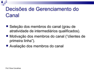 Prof. Rose Carvalhais
Decisões de Gerenciamento do
Canal
 Seleção dos membros do canal (grau de
atratividade de intermediários qualificados).
 Motivação dos membros do canal (“clientes de
primeira linha”).
 Avaliação dos membros do canal
 