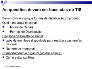 Desenvolva e explique formas de distribuição do produto:
Qual a natureza do canal:
 Níveis de Canais
 Formas de Distribuição
Decisões de Projeto do Canal:
 tipos de membros disponíveis para realizar suas tarefas
de canal.
 Número de membros
Comportamento e organização dos canais:
 Como evitar conflitos
Prof. Rose Carvalhais
As questões devem ser baseadas no TIS
 