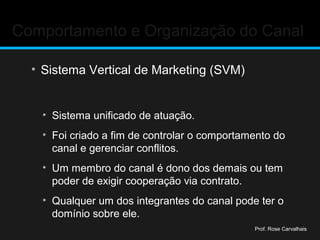 Comportamento e Organização do Canal
• Sistema Vertical de Marketing (SVM)
• Sistema unificado de atuação.
• Foi criado a fim de controlar o comportamento do
canal e gerenciar conflitos.
• Um membro do canal é dono dos demais ou tem
poder de exigir cooperação via contrato.
• Qualquer um dos integrantes do canal pode ter o
domínio sobre ele.
Prof. Rose Carvalhais
 