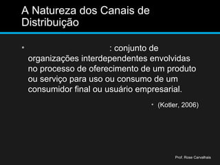 A Natureza dos Canais de
Distribuição
• Canal de Distribuição: conjunto de
organizações interdependentes envolvidas
no processo de oferecimento de um produto
ou serviço para uso ou consumo de um
consumidor final ou usuário empresarial.
• (Kotler, 2006)
Prof. Rose Carvalhais
 
