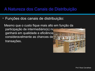 A Natureza dos Canais de Distribuição
• Funções dos canais de distribuição:
Mesmo que o custo fique mais alto em função da
participação de intermediário(s) no canal, sua execução
ganhará em qualidade e eficiência, aumentando
consideravelmente as chances de haverem outras
transações.
Prof. Rose Carvalhais
 