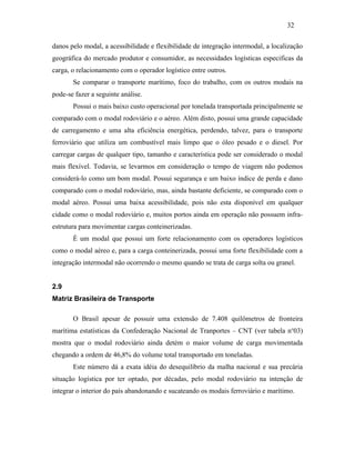 danos pelo modal, a acessibilidade e flexibilidade de integração intermodal, a localização
geográfica do mercado produtor e consumidor, as necessidades logísticas especificas da
carga, o relacionamento com o operador logístico entre outros.
Se comparar o transporte marítimo, foco do trabalho, com os outros modais na
pode-se fazer a seguinte análise.
Possui o mais baixo custo operacional por tonelada transportada principalmente se
comparado com o modal rodoviário e o aéreo. Além disto, possui uma grande capacidade
de carregamento e uma alta eficiência energética, perdendo, talvez, para o transporte
ferroviário que utiliza um combustível mais limpo que o óleo pesado e o diesel. Por
carregar cargas de qualquer tipo, tamanho e característica pode ser considerado o modal
mais flexível. Todavia, se levarmos em consideração o tempo de viagem não podemos
considerá-lo como um bom modal. Possui segurança e um baixo índice de perda e dano
comparado com o modal rodoviário, mas, ainda bastante deficiente, se comparado com o
modal aéreo. Possui uma baixa acessibilidade, pois não esta disponível em qualquer
cidade como o modal rodoviário e, muitos portos ainda em operação não possuem infra-
estrutura para movimentar cargas conteinerizadas.
È um modal que possui um forte relacionamento com os operadores logísticos
como o modal aéreo e, para a carga conteinerizada, possui uma forte flexibilidade com a
integração intermodal não ocorrendo o mesmo quando se trata de carga solta ou granel.
2.9
Matriz Brasileira de Transporte
O Brasil apesar de possuir uma extensão de 7.408 quilômetros de fronteira
marítima estatísticas da Confederação Nacional de Tranportes – CNT (ver tabela no
03)
mostra que o modal rodoviário ainda detém o maior volume de carga movimentada
chegando a ordem de 46,8% do volume total transportado em toneladas.
Este número dá a exata idéia do desequilíbrio da malha nacional e sua precária
situação logística por ter optado, por décadas, pelo modal rodoviário na intenção de
integrar o interior do país abandonando e sucateando os modais ferroviário e marítimo.
32
PUC-Rio-CertificaçãoDigitalNº0321303/CA
 