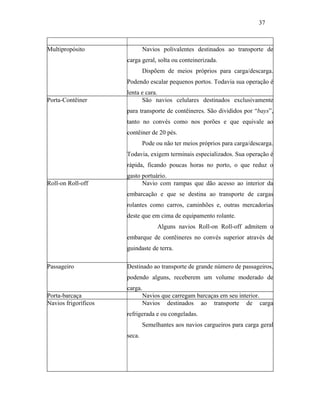 Multipropósito Navios polivalentes destinados ao transporte de
carga geral, solta ou conteinerizada.
Dispõem de meios próprios para carga/descarga.
Podendo escalar pequenos portos. Todavia sua operação é
lenta e cara.
Porta-Contêiner São navios celulares destinados exclusivamente
para transporte de contêineres. São divididos por “bays”,
tanto no convés como nos porões e que equivale ao
contêiner de 20 pés.
Pode ou não ter meios próprios para carga/descarga.
Todavia, exigem terminais especializados. Sua operação é
rápida, ficando poucas horas no porto, o que reduz o
gasto portuário.
Roll-on Roll-off Navio com rampas que dão acesso ao interior da
embarcação e que se destina ao transporte de cargas
rolantes como carros, caminhões e, outras mercadorias
deste que em cima de equipamento rolante.
Alguns navios Roll-on Roll-off admitem o
embarque de contêineres no convés superior através de
guindaste de terra.
Passageiro Destinado ao transporte de grande número de passageiros,
podendo alguns, receberem um volume moderado de
carga.
Porta-barcaça Navios que carregam barcaças em seu interior.
Navios frigoríficos Navios destinados ao transporte de carga
refrigerada e ou congeladas.
Semelhantes aos navios cargueiros para carga geral
seca.
37
PUC-Rio-CertificaçãoDigitalNº0321303/CA
 