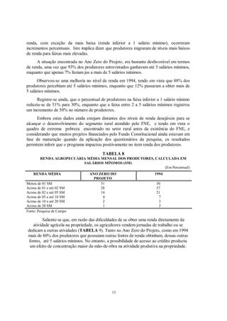 renda, com exceção da mais baixa (renda inferior a 1 salário mínimo), ocorreram
incrementos percentuais. Isto implica dizer que produtores migraram de níveis mais baixos
de renda para faixas mais elevadas.
      A situação encontrada no Ano Zero do Projeto, era bastante desfavorável em termos
de renda, uma vez que 93% dos produtores entrevistados ganhavam até 5 salários mínimos,
enquanto que apenas 7% faziam jus a mais de 5 salários mínimos.
      Observou-se uma melhoria no nível de renda em 1994, tendo em vista que 88% dos
produtores percebiam até 5 salários mínimos, enquanto que 12% passaram a obter mais de
5 salários mínimos.
      Registre-se ainda, que o percentual de produtores na faixa inferior a 1 salário mínimo
reduziu-se de 51% para 30%, enquanto que a faixa entre 2 a 5 salários mínimos registrou
um incremento de 50% no número de produtores.
      Embora estes dados ainda estejam distantes dos níveis de renda desejáveis para se
alcançar o desenvolvimento do segmento rural atendido pelo FNE, e tendo em vista o
quadro de extrema pobreza encontrado no setor rural antes da existência do FNE, e
considerando que muitos projetos financiados pelo Fundo Constitucional ainda estavam em
fase de maturação quando da aplicação dos questionários da pesquisa, os resultados
permitem inferir que o programa impactou positivamente no item renda dos produtores.

                                          TABELA 8
        RENDA AGROPECUÁRIA MÉDIA MENSAL DOS PRODUTORES, CALCULADA EM
                         SALÁRIOS MÍNIMOS (SM)
                                                            (Em Percentual)
    RENDA MÉDIA                    ANO ZERO DO                          1994
                                     PROJETO
Menos de 01 SM                          51                               30
Acima de 01 e até 02 SM                 28                               37
Acima de 02 e até 05 SM                 14                               21
Acima de 05 e até 10 SM                  4                                7
Acima de 10 e até 20 SM                  2                                3
Acima de 20 SM                           1                                2
Fonte: Pesquisa de Campo

         Saliente-se que, em razão das dificuldades de se obter uma renda diretamente da
   atividade agrícola na propriedade, os agricultores vendem jornadas de trabalho ou se
dedicam a outras atividades (TABELA 9). Tanto no Ano Zero do Projeto, como em 1994
mais de 80% dos produtores que possuíam outras fontes de renda obtinham, dessas outras
 fontes, até 5 salários mínimos. No entanto, a possibilidade de acesso ao crédito produziu
 um efeito de concentração maior da mão-de-obra na atividade produtiva na propriedade.




                                                13
 