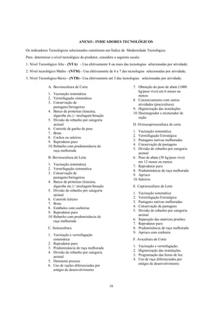 ANEXO - INDICADORES TECNOLÓGICOS

Os indicadores Tecnológicos selecionados constituem um Índice de Modernidade Tecnológica.
Para determinar o nível tecnológico do produtor, considere a seguinte escala:
1. Nível Tecnológico Alto - (NTA) - Usa efetivamente 8 ou mais das tecnologias selecionadas por atividade;
2. Nível tecnológico Médio - (NTM) - Usa efetivamente de 4 a 7 das tecnologias selecionadas por atividade;
3. Nível Tecnológico Baixo - (NTB) - Usa efetivamente até 3 das tecnologias selecionadas por atividade;

               A. Bovinocultura de Corte                                7. Obtenção do peso de abate (1000
                                                                            kg/peso vivo) em 6 meses ou
               1. Vacinação sistemática                                     menos
               2. Vermifugação sistemática                              8. Consorciamento com outras
               3. Conservação de
                                                                            atividades (piscicultura)
                   pastagens/forrageiras                                9. Higienização das instalações
               4. Banco de proteínas (leucena,                          10. Desintegrador e misturador de
                   algaroba etc.) / ensilagem/fenação
                                                                            ração
               5. Divisão do rebanho por categoria
                   animal                                               D. Ovinocaprinocultura de corte
               6. Controle de ganho de peso
               7. Brete                                                 1.  Vacinação sistemática
                                                                        2.  Vermifugação Estratégica
               8. Cochos ou saleiros
               9. Reprodutor puro                                       3.  Pastagens nativas melhoradas
               10. Rebanho com predominância de                         4.  Conservação de pastagens
                                                                        5.  Divisão do rebanho por categoria
                   raça melhorada
                                                                            animal
               B. Bovinocultura de Leite                                6. Peso de abate (30 kg/peso vivo)
                                                                            em 12 meses ou menos
               1. Vacinação sistemática
                                                                        7. Reprodutor puro
               2. Vermifugação sistemática
                                                                        8. Predominância de raça melhorada
               3. Conservação de                                        9. Aprisco
                   pastagens/forrageiras
                                                                        10. Saleiros
               4. Banco de proteínas (leucena,
                   algaroba etc.) / ensilagem/fenação                   E. Caprinocultura de Leite
               5. Divisão do rebanho por categoria
                   animal                                               1.   Vacinação sistemática
                                                                        2.   Vermifugação Estratégica
               6. Controle leiteiro
               7. Brete                                                 3.   Pastagens nativas melhoradas
               8. Estábulos com cocheiras                               4.   Conservação de pastagens
                                                                        5.   Divisão do rebanho por categoria
               9. Reprodutor puro
               10. Rebanho com predominância de                              animal
                   raça melhorada                                       6.   Separação das matrizes prenhes
                                                                        7.   Reprodutor puro
               C. Suinocultura                                          8.   Predominância de raça melhorada
                                                                        9.   Aprisco com cocheira
               1. Vacinação e vermifugação
                  sistemática                                           F. Avicultura de Corte
               2. Reprodutor puro
                                                                        1.   Vacinação e vermifugação.
               3. Predominância de raça melhorada
                                                                        2.   Higienização das instalações.
               4. Divisão do rebanho por categoria
                  animal                                                3.   Programação das horas de luz.
                                                                        4.   Uso de raça diferenciadas por
               5. Desmame precoce
                                                                             estágio de desenvolvimento.
               6. Uso de rações diferenciadas por
                  estágio de desenvolvimento



                                                        16
 
