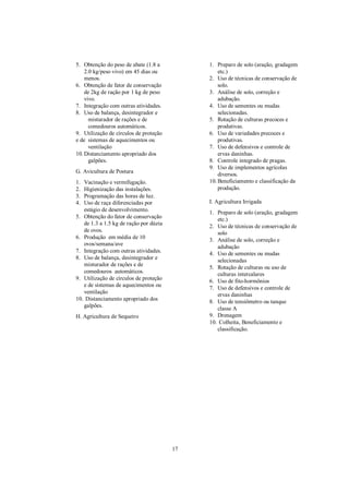 5. Obtenção do peso de abate (1.8 a          1. Preparo de solo (aração, gradagem
    2.0 kg/peso vivo) em 45 dias ou              etc.)
    menos.                                   2. Uso de técnicas de conservação de
6. Obtenção de fator de conservação              solo.
    de 2kg de ração por 1 kg de peso         3. Análise de solo, correção e
    vivo.                                        adubação.
7. Integração com outras atividades.         4. Uso de sementes ou mudas
8. Uso de balança, desintegrador e               selecionadas.
      misturador de rações e de              5. Rotação de culturas precoces e
      comedouros automáticos.                    produtivas.
9. Utilização de círculos de proteção        6. Uso de variedades precoces e
e de sistemas de aquecimentos ou                 produtivas.
      ventilação                             7. Uso de defensivos e controle de
10. Distanciamento apropriado dos                ervas daninhas.
      galpões.                               8. Controle integrado de pragas.
                                             9. Uso de implementos agrícolas
G. Avicultura de Postura
                                                 diversos.
1. Vacinação e vermifugação.                 10. Beneficiamento e classificação da
2. Higienização das instalações.                 produção.
3. Programação das horas de luz.
4. Uso de raça diferenciadas por             I. Agricultura Irrigada
   estágio de desenvolvimento.               1. Preparo de solo (aração, gradagem
5. Obtenção do fator de conservação             etc.)
   de 1.3 a 1.5 kg de ração por dúzia
                                             2. Uso de técnicas de conservação de
   de ovos.                                     solo
6. Produção em média de 10                   3. Análise de solo, correção e
   ovos/semana/ave
                                                adubação
7. Integração com outras atividades.         4. Uso de sementes ou mudas
8. Uso de balança, desintegrador e              selecionadas
   misturador de rações e de
                                             5. Rotação de culturas ou uso de
   comedouros automáticos.                      culturas intercalares
9. Utilização de círculos de proteção        6. Uso de fito-hormônios
   e de sistemas de aquecimentos ou
                                             7. Uso de defensivos e controle de
   ventilação                                   ervas daninhas
10. Distanciamento apropriado dos            8. Uso de tensiômetro ou tanque
   galpões.
                                                classe A
H. Agricultura de Sequeiro                   9. Drenagem
                                             10. Colheita, Beneficiamento e
                                                classificação.




                                        17
 