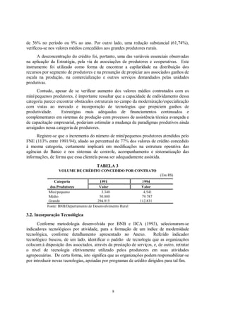 de 36% no período ou 9% ao ano. Por outro lado, uma redução substancial (61,74%),
verificou-se nos valores médios concedidos aos grandes produtores rurais.
      A desconcentração do crédito foi, portanto, uma das variáveis essenciais observadas
na aplicação da Estratégia, pela via de associações de produtores e cooperativas. Este
instrumento foi utilizado como forma de encontrar a capilaridade na distribuição dos
recursos por segmento de produtores e na presunção de propiciar aos associados ganhos de
escala na produção, na comercialização e outros serviços demandados pelas unidades
produtivas.
      Contudo, apesar de se verificar aumento dos valores médios contratados com os
mini/pequenos produtores, é importante ressaltar que a capacidade de endividamento dessa
categoria parece encontrar obstáculos estruturais no campo da modernização/especialização
com vistas ao mercado e incorporação de tecnologias que propiciem ganhos de
produtividade.      Estratégias mais adequadas de financiamentos continuados e
complementares em sistemas de produção com processos de assistência técnica avançada e
de capacitação empresarial, poderiam estimular a mudança de paradigmas produtivos ainda
arraigados nessa categoria de produtores.
      Registre-se que o incremento do número de mini/pequenos produtores atendidos pelo
FNE (113% entre 1991/94), aliado ao percentual de 77% dos valores de crédito concedido
à mesma categoria, certamente implicará em modificações na estrutura operativa das
agências do Banco e nos sistemas de controle, acompanhamento e sistematização das
informações, de forma que essa clientela possa ser adequadamente assistida.

                                        TABELA 3
                  VOLUME DE CRÉDITO CONCEDIDO POR CONTRATO
                                                                           (Em R$)
               Categoria                  1991                   1994
             dos Produtores              Valor                   Valor
            Mini/pequeno                   3.340                  4.541
            Médio                         50.880                 79.787
            Grande                      294.915                 112.831
           Fonte: BNB/Departamento de Desenvolvimento Rural

3.2. Incorporação Tecnológica

      Conforme metodologia desenvolvida por BNB e IICA (1993), selecionaram-se
indicadores tecnológicos por atividade, para a formação de um índice de modernidade
tecnológica, conforme detalhamento apresentado no Anexo.                Referido indicador
tecnológico buscou, de um lado, identificar o padrão de tecnologia que as organizações
colocam à disposição dos associados, através da prestação de serviços, e, de outro, retratar
o nível de tecnologia efetivamente utilizado pelos produtores em suas atividades
agropecuárias. De certa forma, isto significa que as organizações podem responsabilizar-se
por introduzir novas tecnologias, apoiadas por programas de crédito dirigidos para tal fim.




                                                 8
 