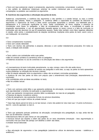  Texto com tese substancial, original e amadurecida; argumentos consistentes, comprováveis e autorais;
 Uso perfeito de referências intelectuais externas de caráter intertextual para a construção de analogias,
comparações ou paralelos que sustentem os argumentos.
B. Coerência dos argumentos e articulação das partes do texto.
Avaliam-se, conjuntamente, a coerência dos argumentos e das opiniões e a coesão textual, ou seja, a correta
articulação das palavras, frases e parágrafos. A coerência reflete a capacidade do candidato de relacionar os
argumentos e organizá-los de forma a deles extrair conclusões apropriadas e, também, sua habilidade para o
planejamento e a construção significativa do texto. Serão considerados de forma negativa a presença de
contradições entre frases ou parágrafos, a falta de encadeamento das ideias, a circularidade ou quebra da
progressão argumentativa, o uso de argumentação baseada apenas no senso comum e a falta de conclusão ou
conclusões que não decorram do que foi previamente exposto. Serão tidos também como fatos negativos referentes
à coesão, entre outros, o estabelecimento de relações semânticas impróprias entre partes do texto, assim como o
uso inadequado de conectivos.
0,0:
 Texto completamente incoerente;
 Texto sem coesão detectável;
 Texto com trechos não pertinentes à proposta, ofensivos e com caráter indevidamente provocativo. Em todos os
casos, a redação será anulada
0,5:
 Texto caótico com contradições entre suas partes;
 Não há conexão (sintática ou semântica) entre os parágrafos;
 Problemas excessivos no uso de conectivos e na articulação das ideias e dos argumentos.
1,0:
 A macroestrutura do texto é articulada precariamente, ou seja, começo, meio e fim não estão claros;
 Má expressão formal das conexões de sentido nos parágrafos e entre eles, ou seja, as partes do texto apresentam
muitos problemas na utilização dos recursos coesivos;
 Não há relação adequada entre os argumentos e deles não se extraem conclusões apropriadas;
 Ausência de uma das partes do texto com prejuízo para o entendimento total (introdução, desenvolvimento ou
conclusão);
 Há contradições entre as ideias secundárias no texto;
 Não há unidade textual.
1,5**:
 Texto com estrutura ainda falha e que apresente problemas de articulação, concatenação e paragrafação, mas no
qual seja detectável a tentativa de explicação ou argumentação;
 Texto que apresente microestrutura precária (falha na elaboração de mais de um parágrafo);
 Presença de alguma incoerência externa;
 Falta de planejamento das expressões formais da estrutura dissertativa;
 Texto em que que surjam indícios de unidade textual.
** Caso haja desvio parcial do tema ou do tipo textual, o texto não poderá ter nota maior que 1,5 ponto na Estrutura –
item B – como foi apontado no item A.
2,0:
 Texto que apresente pontuais problemas de articulação, concatenação e/ou paragrafação, ou seja, ainda não faz
bom uso de elementos coesivos;
 Microestrutura falha em pelo menos um dos parágrafos;
 Estrutura textual que respeita a ordem das partes de um texto dissertativo (introdução - tese; argumentação; e
conclusão) mas que ainda não planeja com detalhes a ordem das ideias;
 Unidade textual detectável.
2,5:
 Boa articulação de argumentos e boa paragrafação (sabendo-se utilizar de elementos coesivos - catafóricos e
anafóricos);
 