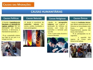 CAUSAS DAS MIGRAÇÕES:
CAUSAS HUMANITÁRIAS
 devido à inexistência de
liberdade e à repressão de
regimes políticos (há um
desrespeito aos direitos
humanos, à democracia, à
liberdade de expressão...)
 ex: a população cubana
que foge ao seu país e se
refugia nos EUA.
Causas Políticas Causas Naturais
 devido à ocorrência de
catástrofes naturais (ex:
sismos, vulcões, inundações e
secas prolongadas).
Causas Religiosas
- devido às perseguições
religiosas, que originam a
deslocação de milhares de
pessoas, com medo de
represálias e temendo pela
sua vida.
 ex: o povo Judeu durante a
II Guerra Mundial
- devido às rivalidades étnicas,
que afetam particularmente as
minorias ou comunidades mais
fracas, pois são
frequentemente expulsas dos
locais onde habitam.
 ex: perseguições na ex-
Jugoslávia.
- a expulsão dos
ciganos de França pelo
Governo de Sarkozy.
Causas Étnicas
 