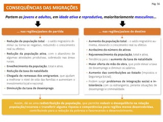 CONSEQUÊNCIAS DAS MIGRAÇÕES
Pág. 56
Partem os jovens e adultos, em idade ativa e reprodutiva, maioritariamente masculinos…
 
