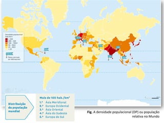 Fig. A densidade populacional (DP) ou população
relativa no Mundo
 