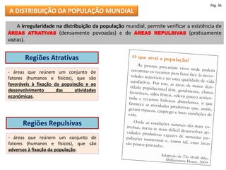 A irregularidade na distribuição da população mundial, permite verificar a existência de
ÁREAS ATRATIVAS (densamente povoadas) e de ÁREAS REPULSIVAS (praticamente
vazias).
Regiões Atrativas
Regiões Repulsivas
- áreas que reúnem um conjunto de
fatores (humanos e físicos), que são
favoráveis à fixação da população e ao
desenvolvimento das atividades
económicas.
- áreas que reúnem um conjunto de
fatores (humanos e físicos), que são
adversos à fixação da população.
A DISTRIBUIÇÃO DA POPULAÇÃO MUNDIAL
Pág. 36
 