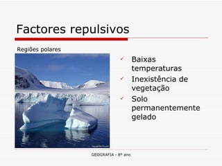 Factores repulsivos Baixas temperaturas Inexistência de vegetação Solo permanentemente gelado Regiões polares 