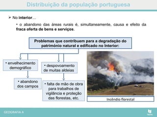 Distribuição da população portuguesa
Agricultora idosaMonsantoIncêndio florestal
Problemas que contribuem para a degradação do
património natural e edificado no Interior:
 No interior…
• o abandono das áreas rurais é, simultaneamente, causa e efeito da
fraca oferta de bens e serviços.
• envelhecimento
demográfico
• despovoamento
de muitas aldeias
• abandono
dos campos
• falta de mão de obra
para trabalhos de
vigilância e proteção
das florestas, etc.
 