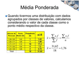 Média Ponderada
Quando tivermos uma distribuição com dados
agrupados por classes de valores, calculamos
considerando o valor de cada classe como o
ponto médio respectivo da classe.
Alturas de
Pessoas
Ponto
Médio (Xi)
Frequência
(fi) xi.fi
1,59-1,65 1,62 1 1,62
1,65-1,71 1,68 1 1,68
1,71-1,77 1,74 10 17,4
1,77-1,83 1,80 4 7,2
1,83-1,89 1,86 2 3,72
Total 18 31,62
n
fx
f
fx
x
∑
∑
∑ ==
..
1,76
18
62,31
==x
 