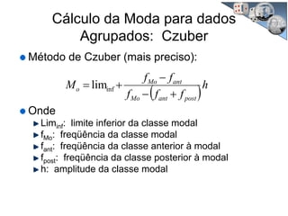 Cálculo da Moda para dados
Agrupados: Czuber
Método de Czuber (mais preciso):
Onde
Liminf: limite inferior da classe modal
fMo: freqüência da classe modal
fant: freqüência da classe anterior à modal
fpost: freqüência da classe posterior à modal
h: amplitude da classe modal
( )h
fff
ff
M
postantMo
antMo
o
+−
−
+= inflim
 