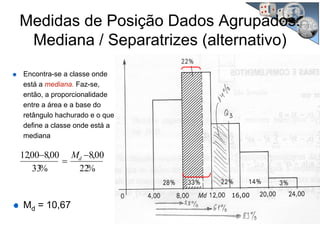 Encontra-se a classe onde
está a mediana. Faz-se,
então, a proporcionalidade
entre a área e a base do
retângulo hachurado e o que
define a classe onde está a
mediana
Md = 10,67
%22
00,8
%33
00,800,12 −
=
− dM
Medidas de Posição Dados Agrupados:
Mediana / Separatrizes (alternativo)
16,00
 