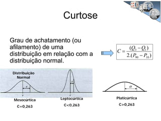 Curtose
Grau de achatamento (ou
afilamento) de uma
distribuição em relação com a
distribuição normal.
σ
Distribuição
Normal
Mesocúrtica
C=0,263
Leptocúrtica
C<0,263
Platicúrtica
C>0,263
).(2
)(
1090
13
PP
QQ
C
−
−
=
 