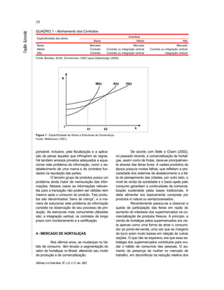 Informaç õ es Econô micas, SP, v.33, n.11, nov. 2003.
28
Faulin;Azevedo
QUADRO 1 - Alinhamento dos Contratos
Incerteza
Especificidade dos ativos
Baixa Média Alta
Baixa Mercado Mercado Mercado
Média Contrato Contrato ou integração vertical Contrato ou integração vertical
Alta Contrato Contrato ou integração vertical integração vertical
Fonte: Brickley; Smith; Zimmerman (1997) apud Zylbersztajn (2000).
Figura 1 - Especificidade de Ativos e Estruturas de Governança.
Fonte: Williamson (1991).
ponsável, inclusive, pela fiscalização e a aplica-
ção de penas àqueles que infringirem as regras.
Há também arranjos privados adequados a equa-
cionar este problema da informação, como o es-
tabelecimento de uma marca e de contratos fun-
dados na reputação das partes.
O terceiro grupo de produtos possui um
problema ainda maior de mensuração das infor-
mações. Nesses casos as informações relevan-
tes para a transação não podem ser obtidas nem
mesmo após o consumo do produto. Tais produ-
tos são denominados “bens de crença”, e a ma-
neira de solucionar este problema de informação
consiste na observação de seu processo de pro-
dução. As estruturas mais comumente utilizadas
são: a integração vertical, os contratos de longo
prazo com monitoramento e a certificação.
4 - MERCADO DE HORTALIÇAS
Nos últimos anos, as mudanças no há-
bito de consumo têm levado a segmentação do
setor de hortaliças no Brasil, alterando seu modo
de produção e de comercialização.
De acordo com Belik e Chaim (2002),
no passado recente, a comercialização de hortali-
ças, assim como de frutas, dava-se principalmen-
te através das feiras livres. A cadeia produtiva da
época possuía muitas falhas, que refletiam a pre-
cariedade dos sistemas de abastecimento e a fal-
ta de planejamento das cidades, por outro lado, o
nível de renda da sociedade e o baixo apelo pelo
consumo garantiam a continuidade da comercia-
lização sustentada pelas bases tradicionais. A
dieta alimentar era basicamente composta por
produtos in natura ou semiprocessados.
Recentemente passou-se a observar a
queda da participação das feiras em razão do
aumento do interesse dos supermercados na co-
mercialização de produtos frescos. A princípio, a
venda de hortaliças pelos supermercados era vis-
ta apenas como uma forma de atrair o consumi-
dor ao ponto-de-venda, uma vez que as margens
de lucro eram muito baixas em relação às outras
seções. O que não se esperava, era que essa es-
tratégia dos supermercados contribuiria para mu-
dar o hábito de consumos das pessoas. O au-
mento da presença da mulher no mercado de
trabalho, em decorrência da redução relativa dos
X(k)M(k) H(k)
kk1 k2
0
s
 