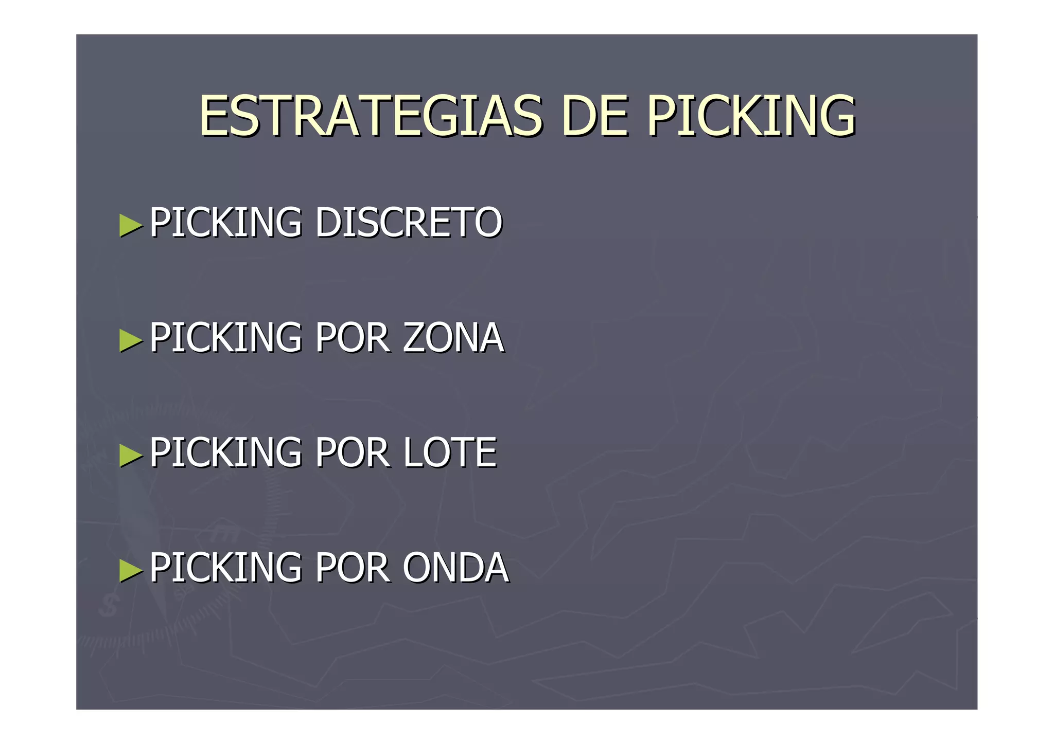 ESTRATEGIAS DE PICKING
► PICKING

DISCRETO

► PICKING

POR ZONA

► PICKING

POR LOTE

► PICKING

POR ONDA

 