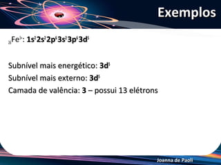 Exemplos
26 Fe3+: 1s2 2s2 2p6 3s2 3p6 3d5


Subnível mais energético: 3d5
Subnível mais externo: 3d5
Camada de valência: 3 – possui 13 elétrons




                                         Joanna de Paoli
 