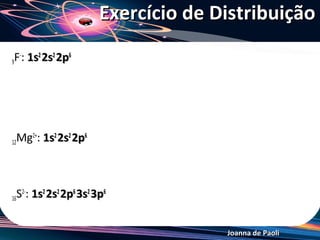 Exercício de Distribuição

9F-: 1s2 2s2 2p6




12 Mg2+: 1s2 2s2 2p6



16   S2-: 1s2 2s2 2p6 3s2 3p6


                                         Joanna de Paoli
 