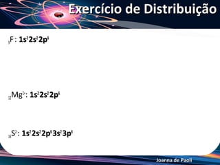 Exercício de Distribuição

9F-: 1s2 2s2 2p6




12 Mg2+: 1s2 2s2 2p6



16   S2-: 1s2 2s2 2p6 3s2 3p6


                  ...