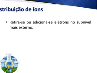 stribuição de íons

  • Retira-se ou adiciona-se elétrons no subnível
    mais externo.
 