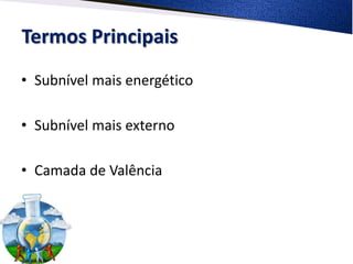 Termos Principais
• Subnível mais energético

• Subnível mais externo

• Camada de Valência
 