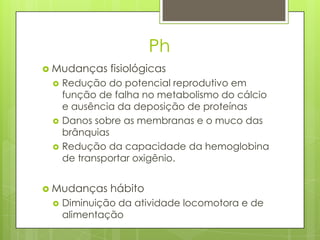Ph
 Mudanças    fisiológicas
    Redução do potencial reprodutivo em
     função de falha no metabolismo do cálcio
     e ausência da deposição de proteínas
    Danos sobre as membranas e o muco das
     brânquias
    Redução da capacidade da hemoglobina
     de transportar oxigênio.


 Mudanças    hábito
    Diminuição da atividade locomotora e de
     alimentação
 