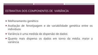 ESTIMATIVA DOS COMPONENTES DE VARIÂNCIA
 Melhoramento genético
 Avaliação de fenotipagem e de variabilidade genética entre os
indivíduos
 Variância é uma medida de dispersão de dados
 Quanto mais disperso os dados em torno da média, maior a
variância
 